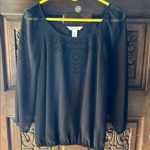 White House Black Market Black Embroidered Puff Sleeve Blouse